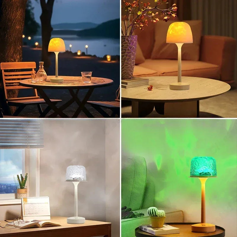 lampe table moderne beige rechargeable led ambiancé projection d'ondulation d'eau texture mat base plate