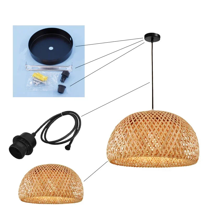 lampe suspendue tissage rotin naturel moderne rustique câble électrique socle noir pièces fixation 90