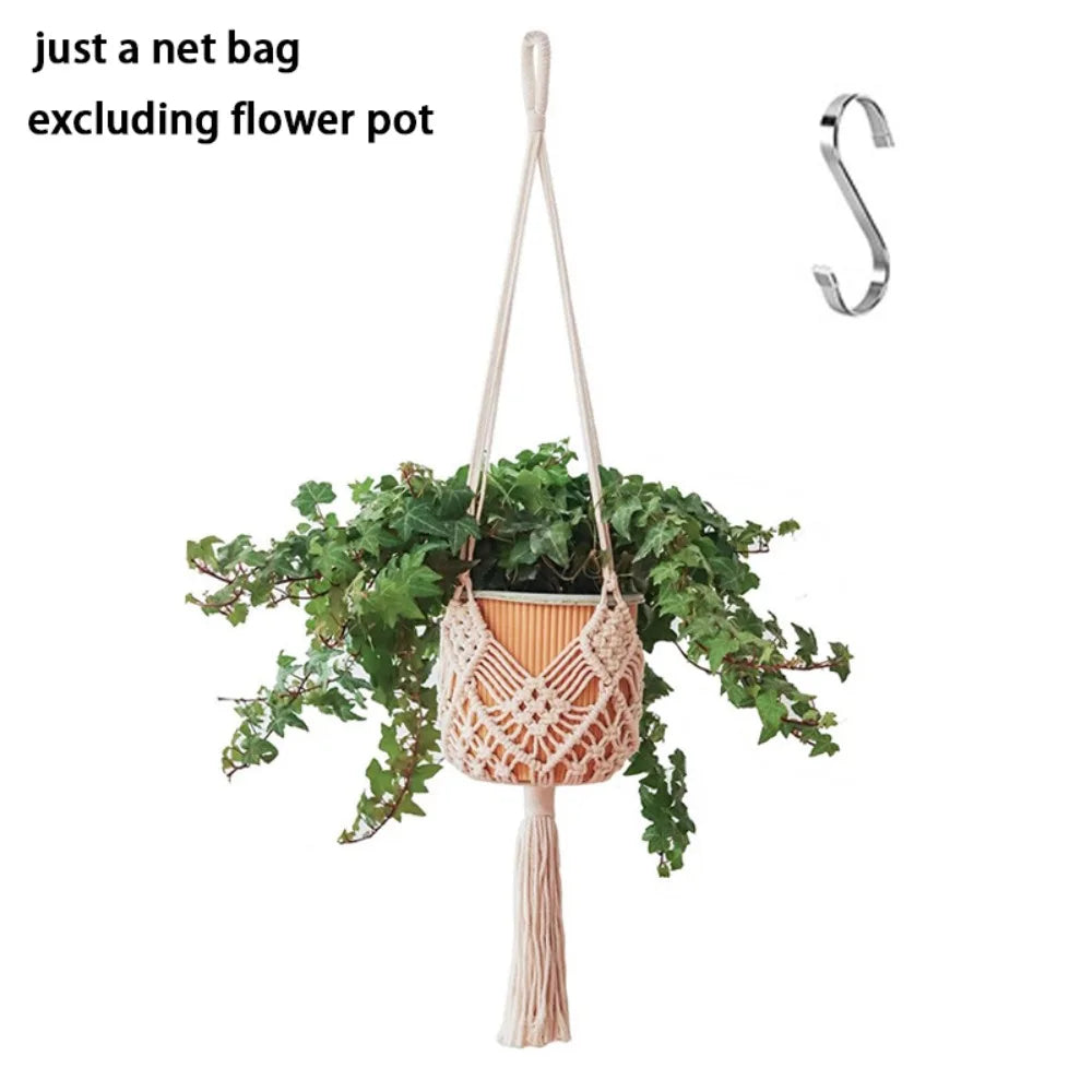 Sac plante suspendu macramé boho pot blanc anneaux beiges noirsintérieurextérieur