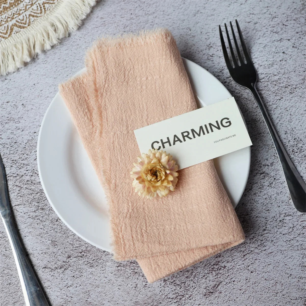 lot dix serviettes table coton beige clair franges rustiques mariage décoration chic maison