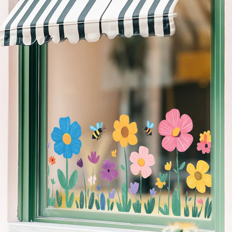 autocollant mural fleurs abeilles coloré cartoon enfantin adhésif bleu jaune rose violet vert opaque