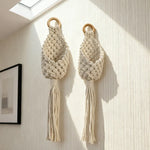 panier suspendu boho motifs géométriques pompon coton anneaux bois