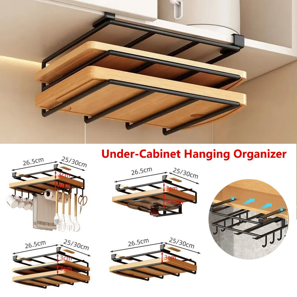 organisateur sous meuble acier noir panneaux bois clips moderne rangement serviettes chiffons