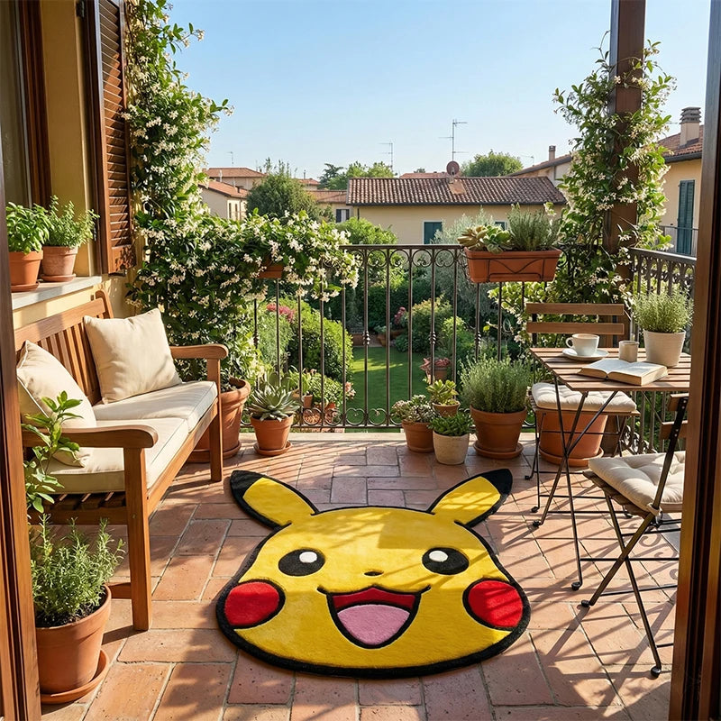 tapis pikachu jaune souriant oreilles noires joues rouges chambre enfant cartoon mignon adhésif polyestère