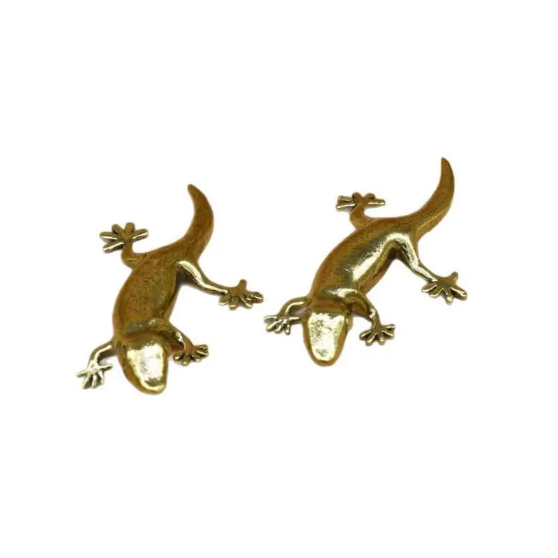 statuettes gecko dorées decoratives miniature animaux antique métal texturé brillant deux pièces