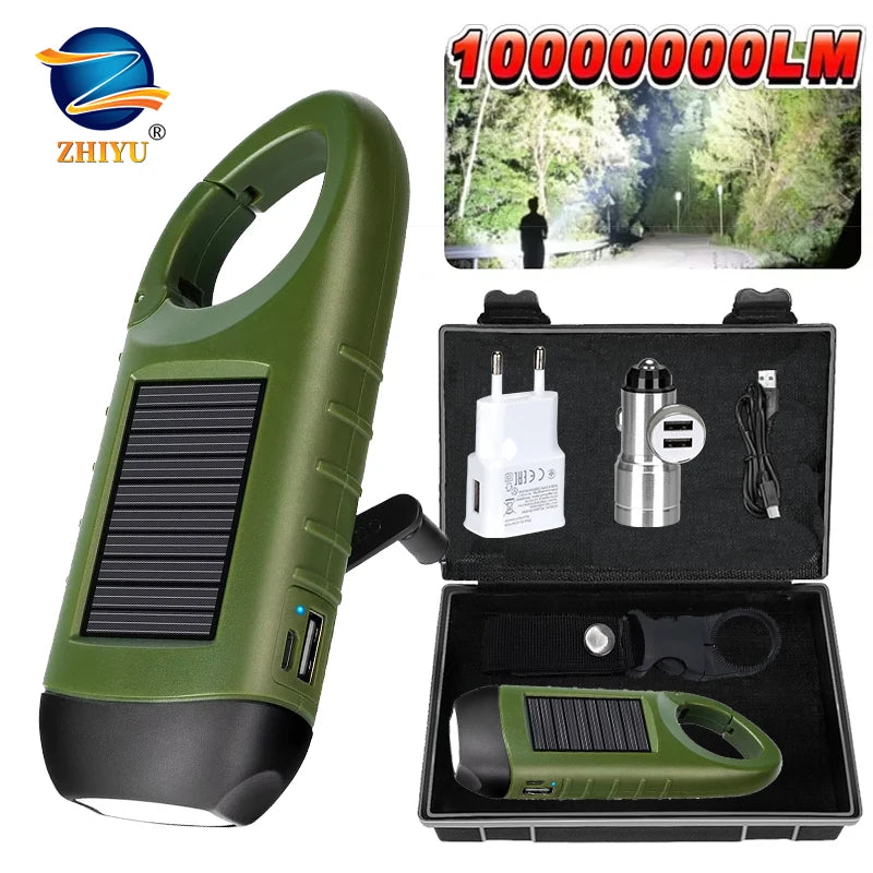 lampe torche solaire vert olive rechargeable rayures horizontales mode fixation annexe chargeurs camping