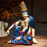 statue bouddha avalokitesvara résine bleu rouge doré bijoux motifs floraux décoration intérieure chinoise classic