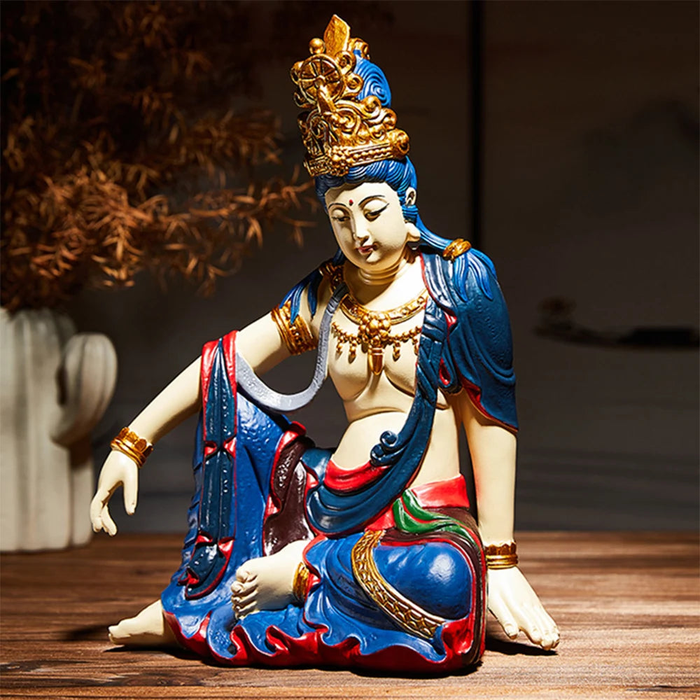 statue bouddha avalokitesvara résine bleu rouge doré bijoux motifs floraux décoration intérieure chinoise classic
