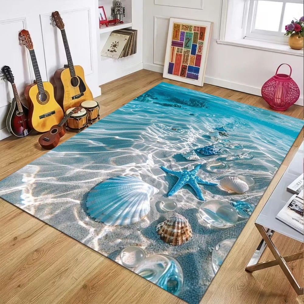 tapis moderne thème marin coquillages bleu blanc velours anti dérapant 80x120cm