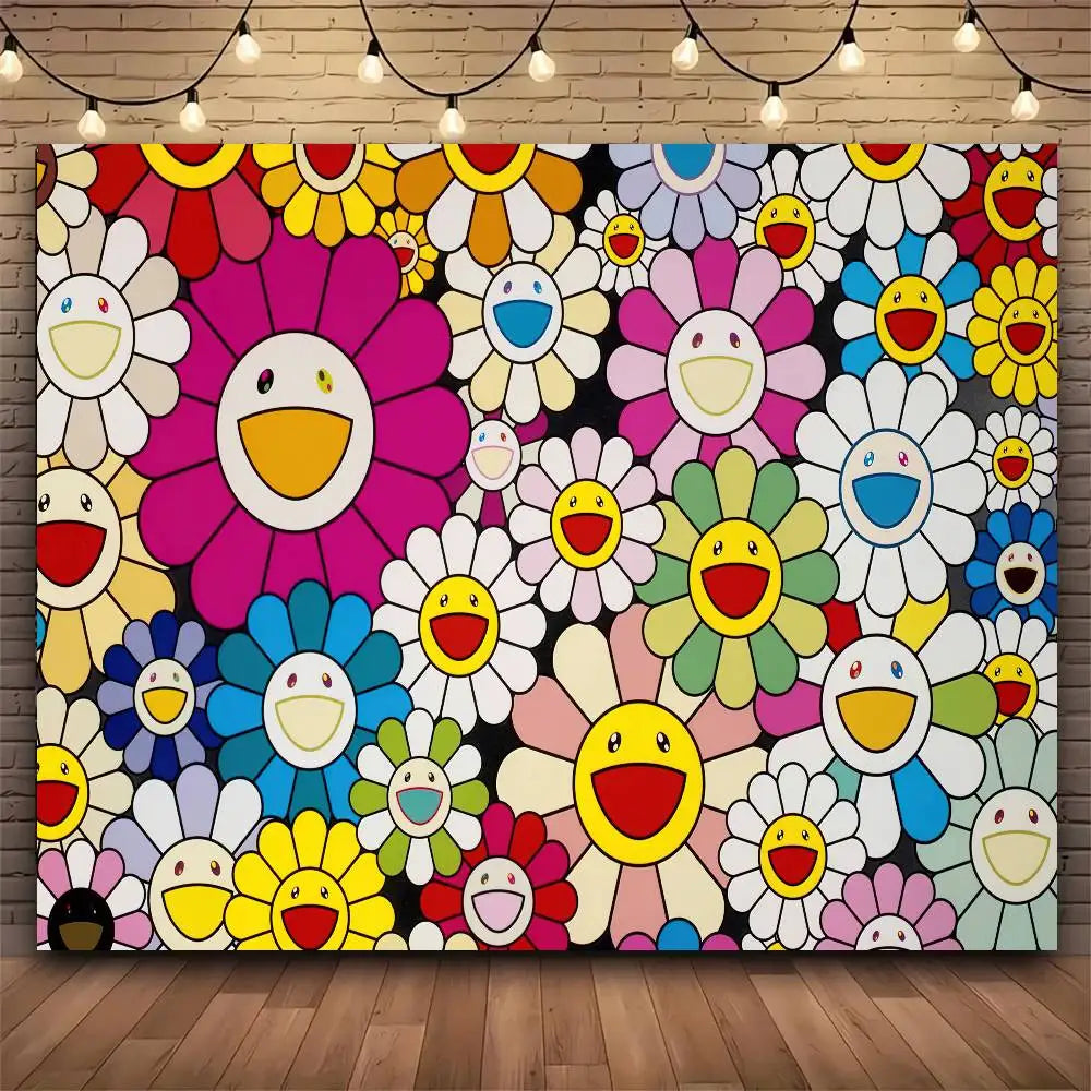 tapisserie pop art fleurs visages souriants multicolore salon chambre polyester rectangle