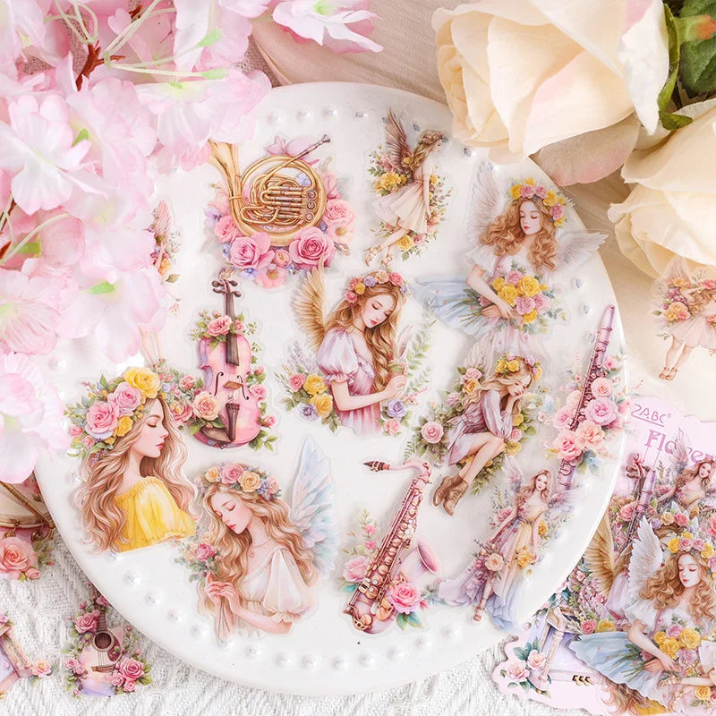 autocollants décoratifs stickers fleurs musiques fées romantiques fantaisistes semi transparents