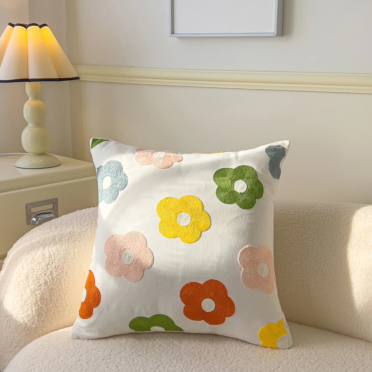taie d'oreiller carrée fleur motif moderne polyester coton 45x45cm blanc