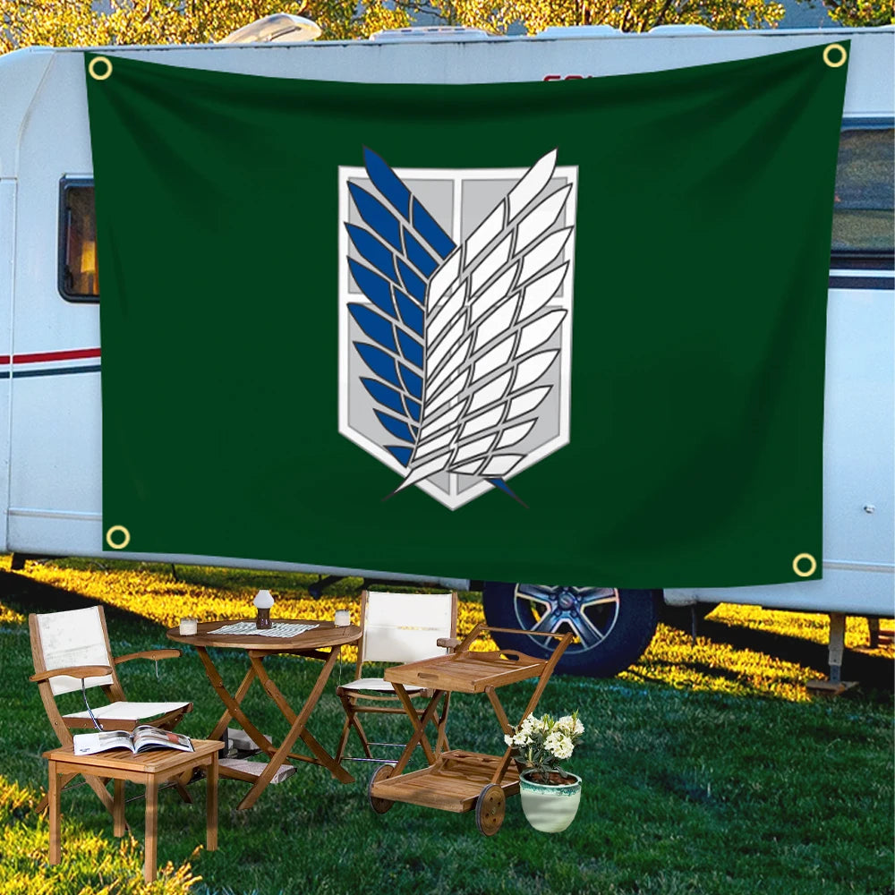 drapeau attack on titan 120x180cm 150x240cm 60x90cm 90x150cm polyester emblème ailes vert foncé decoration
