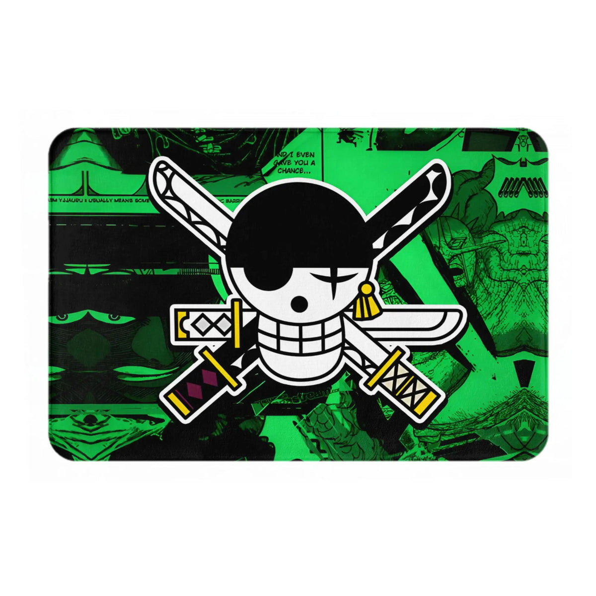tapis sol antidérapant one piece zoro épées croisées moderne vert noir blanc