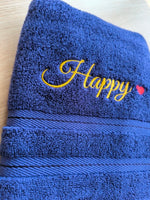 serviette coton bleu roi broderie dorée happy cœur classique maison plage cadeau adultes enfants