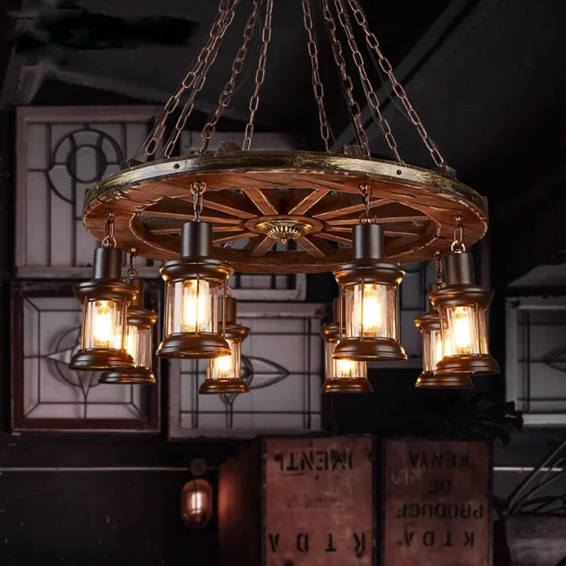 Suspension lumineuse industrielle marron doré verre translucide ampoules métal bois vintage