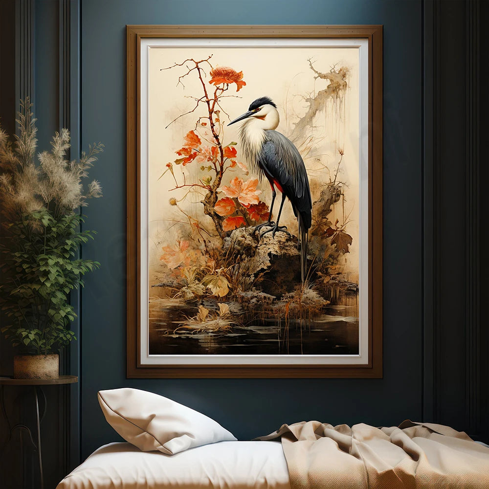 Une magnifique peinture murale ornée d'un héron bleu perché sur un rocher, entouré de fleurs d'automne aux couleurs chaudes.