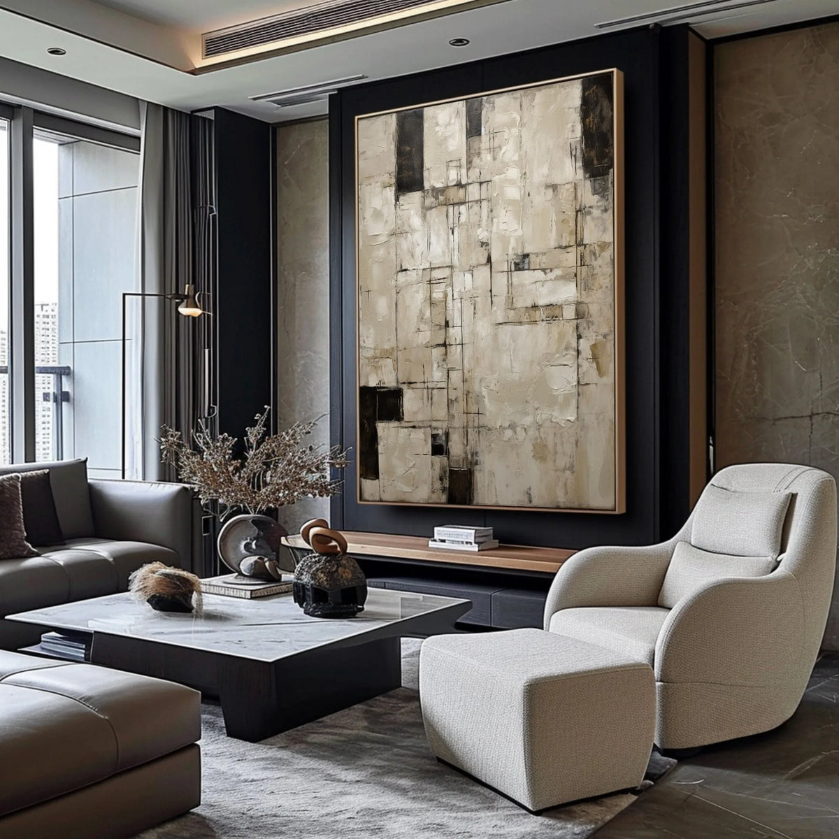 tableau abstrait moderne minimaliste beige noir blanc géométrique toile huile peinture main livingroom bedroom
