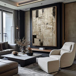 tableau abstrait moderne minimaliste beige noir blanc géométrique toile huile peinture main livingroom bedroom
