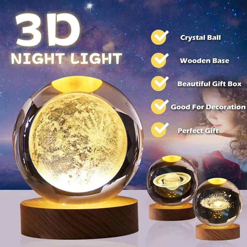 veilleuse nuit 3d boule transparente galaxie motifs stellaires moderne led usb rechargeable enfants chambre