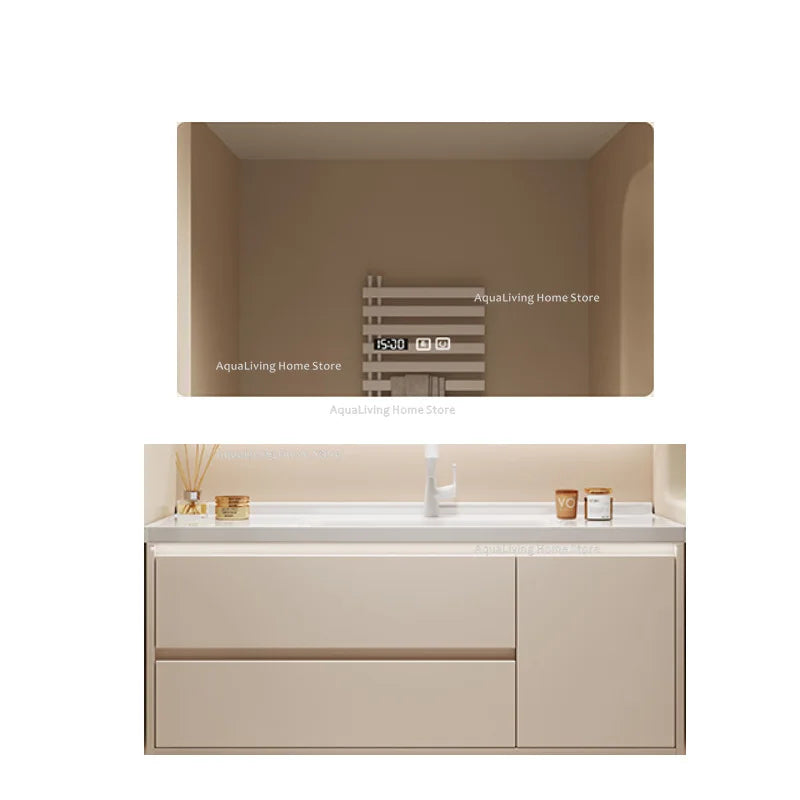 meuble salle bain moderne évier tiroirs beige clair miroir lumineux tapis motifs cosmétiques dorés