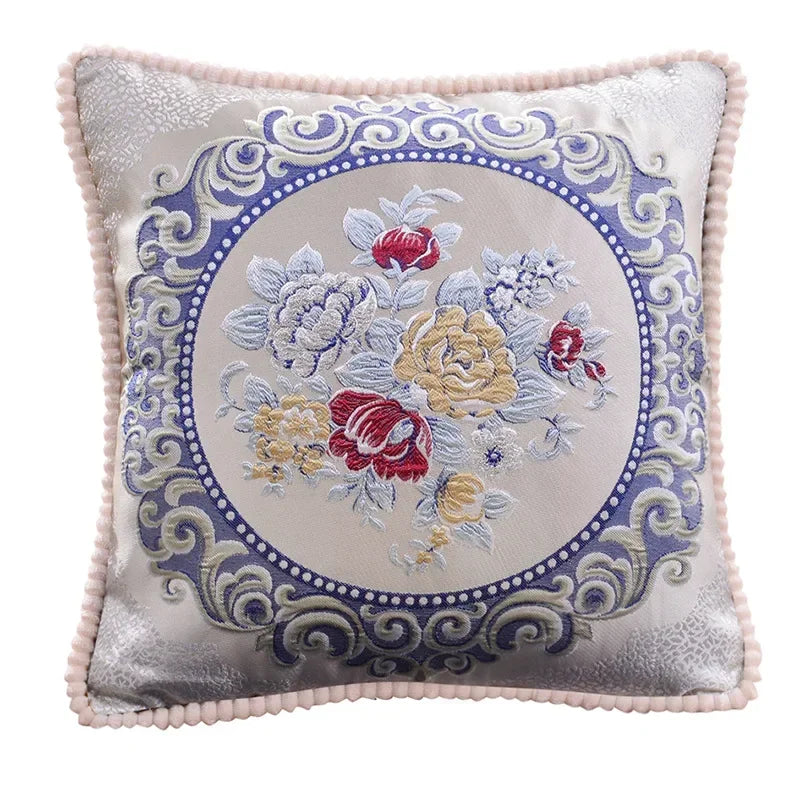 taie d'oreiller polyester broderies florales beige rouge bleu clair marron gris maison hospitalière élégante