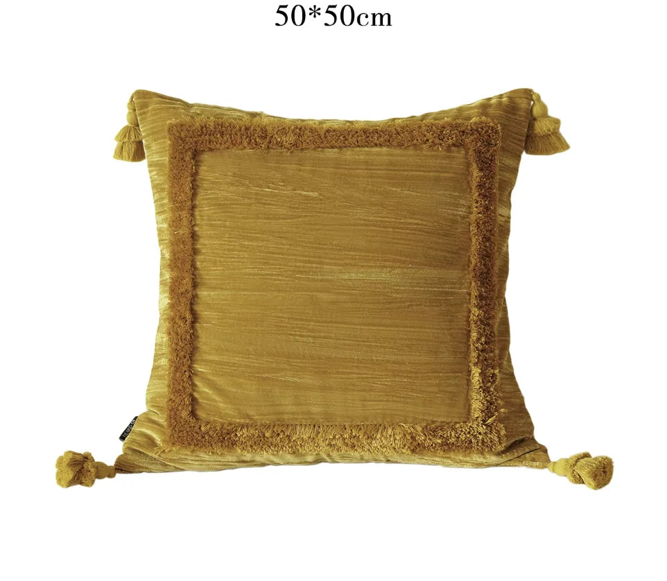 Housse coussin velours rose beige franges vintage 50x50cm lit salon décoration farmhouse élégante