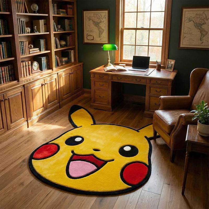 tapis pikachu jaune souriant oreilles noires joues rouges chambre enfant cartoon mignon adhésif polyestère