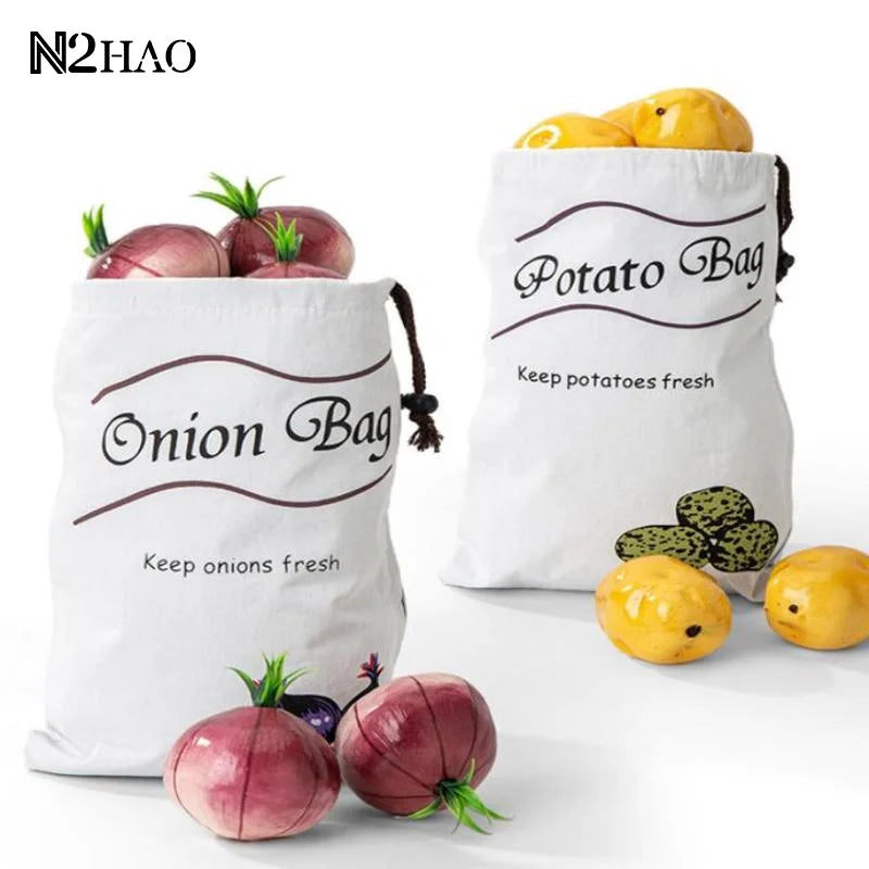 sac rangement légumes blanc imprimé fraîcheur corde nouer potatoes onions simple pratique