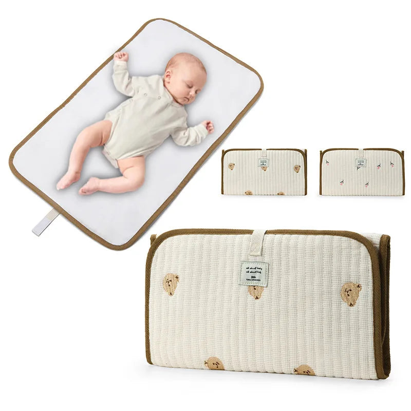 tapis langer pliable bébé beige marron rayures ours fleurs brodées velcro maternité mois