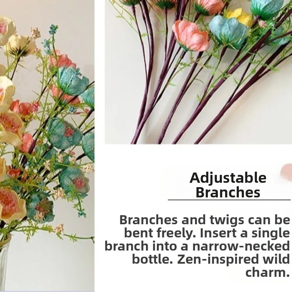 bouquet artificiel zen fleurs roses blanches bleues violettes jaunes feuilles vertes décoration intérieure anniversaire