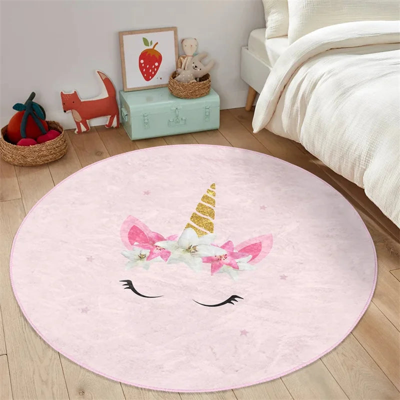 tapis rond licorne floral antidérapant polypropylène polyester doux enfant nuages étoiles rose chambre