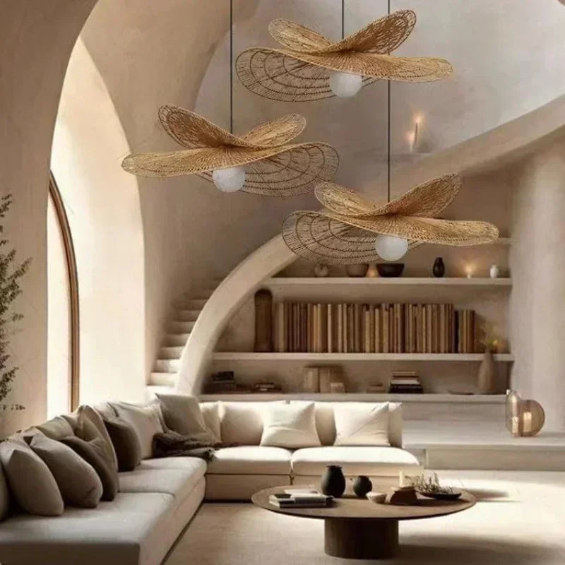 suspension lumineuse tressée wicker naturel moderne rustique salon chambre lumière chaîne métallique ampoule