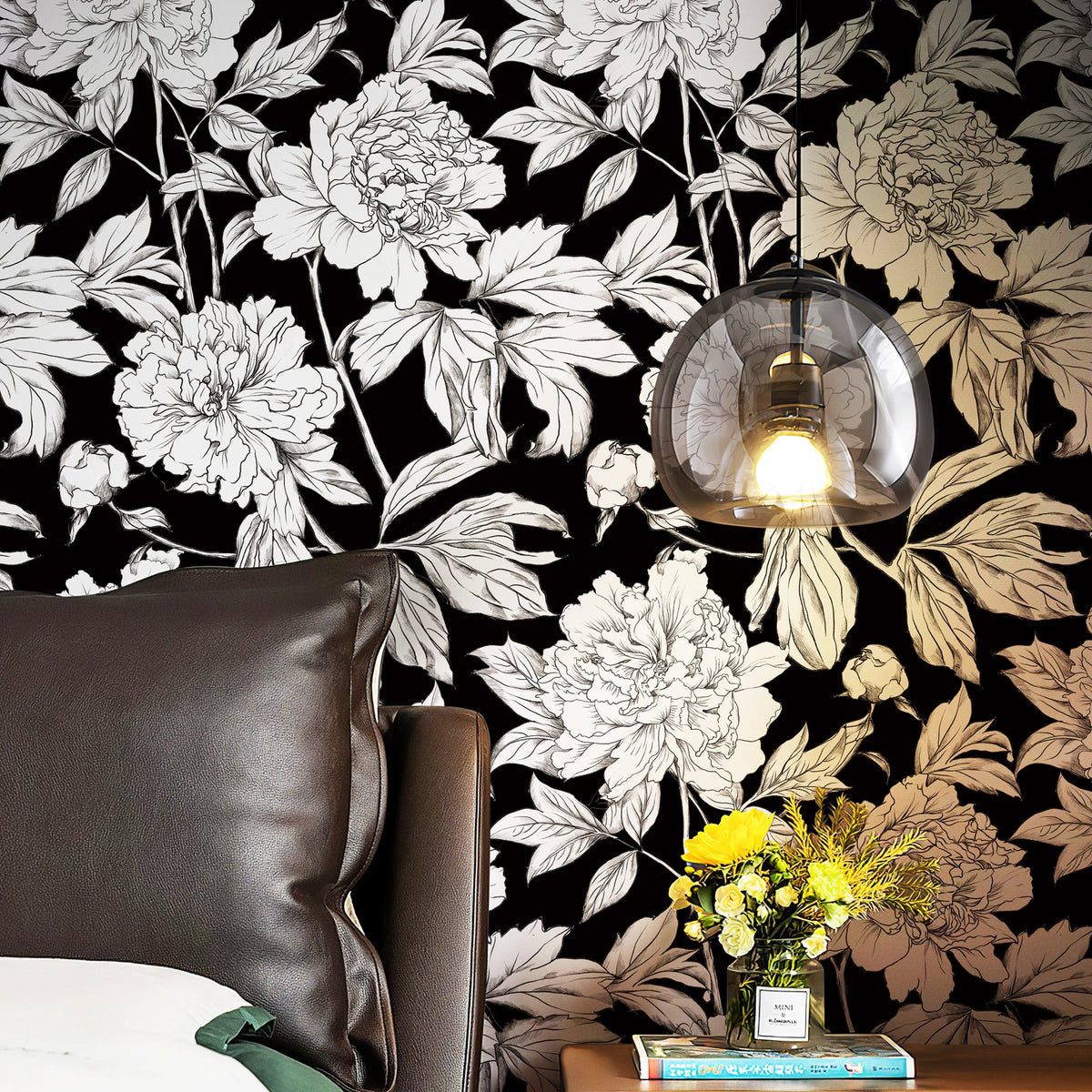 papier peint floral fleurs pivoines classique autocollant résistant l'eau salon chambre coucher cuisine
