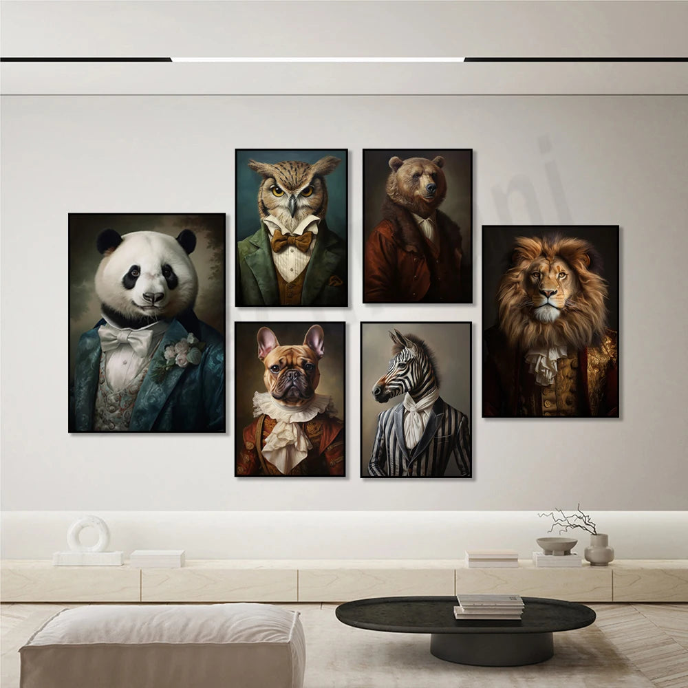 Élégante collection de portraits animaliers chics habillés dans des vêtements de style vintage, créant une atmosphère élégante et raffinée dans l'espace.