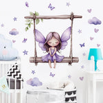 sticker mural illustration fée balançoire papillons coeurs nuages chambre enfant violet beige vert blanc