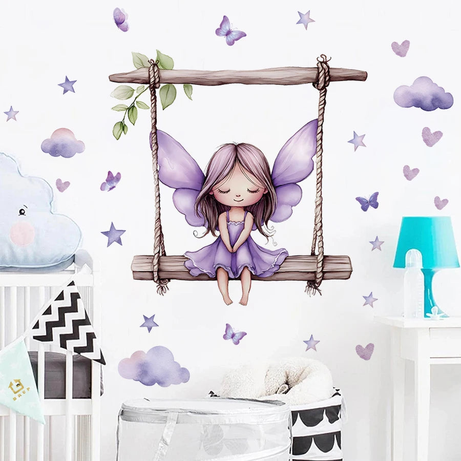 sticker mural illustration fée balançoire papillons coeurs nuages chambre enfant violet beige vert blanc