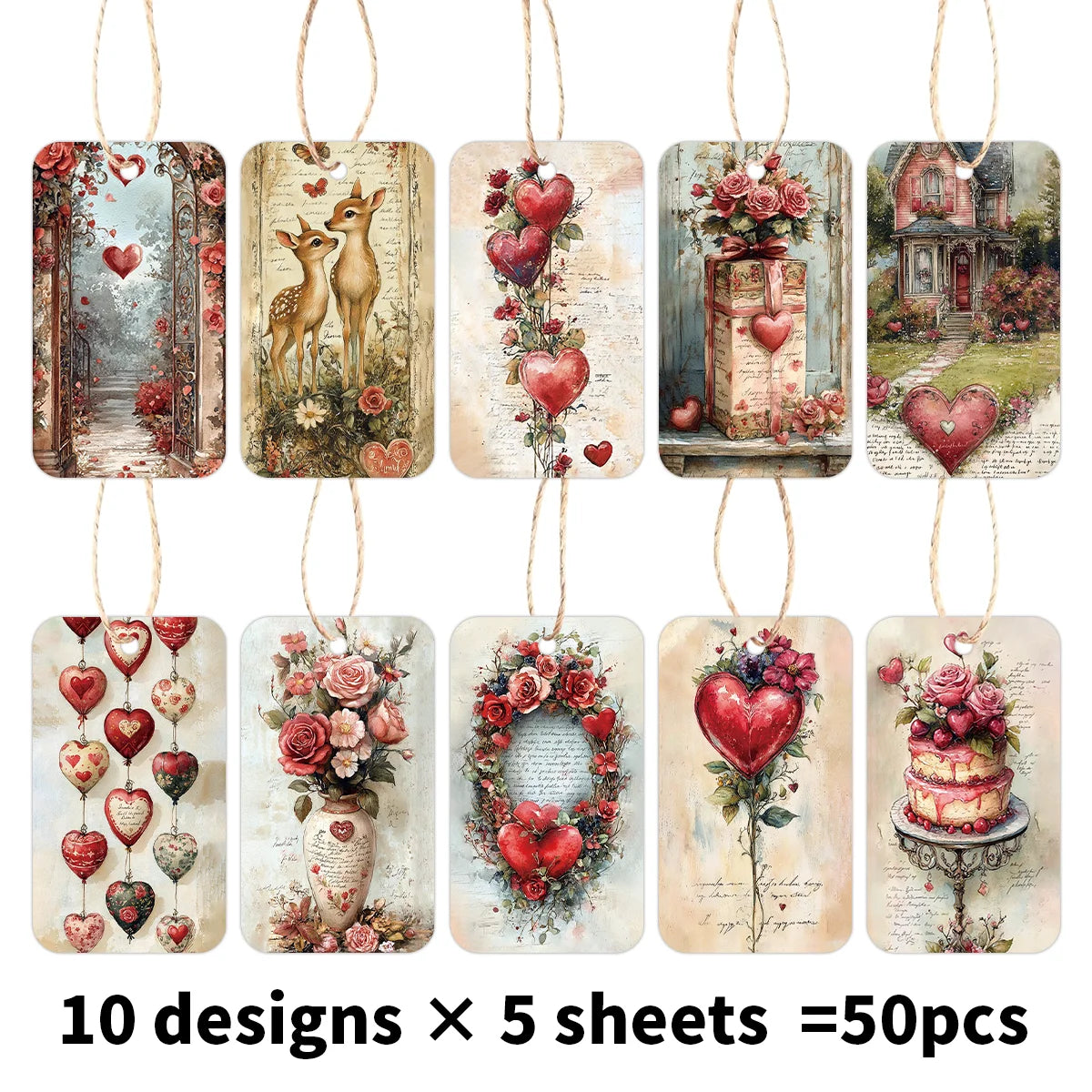étiquettes suspendues vintage fleur textes anciens 50 pièces mariage anniversaire fêtes colombes roses decoration