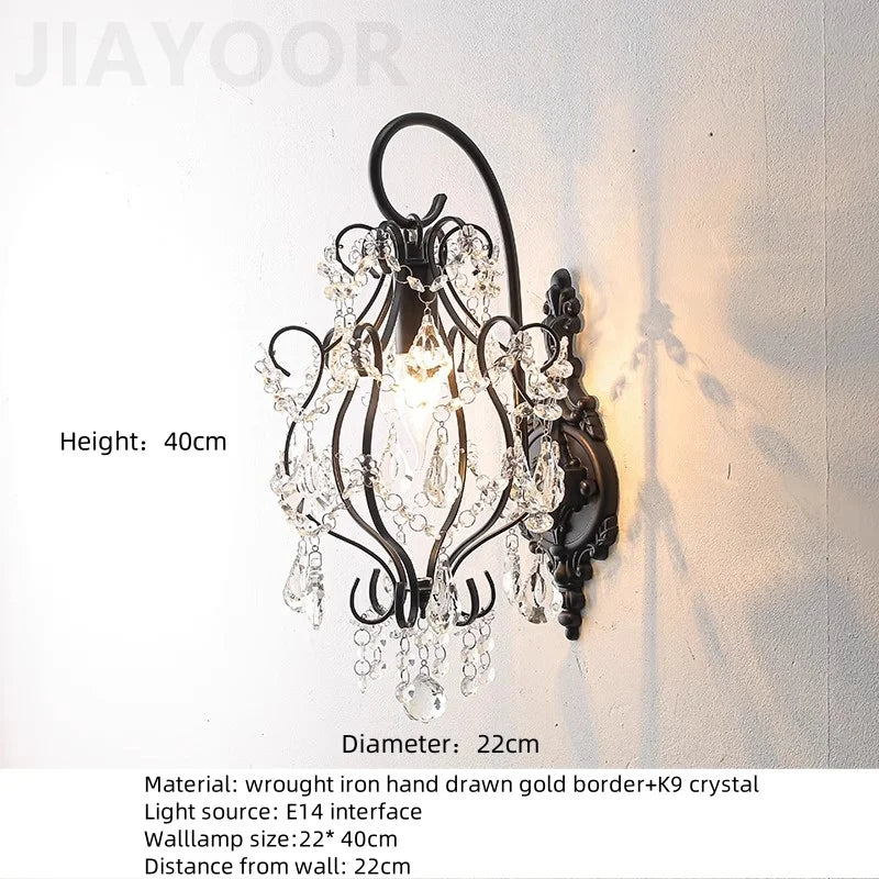 lampe murale cristal noir baroque classique led ampoule fixations métalliques transparentes chambre salon