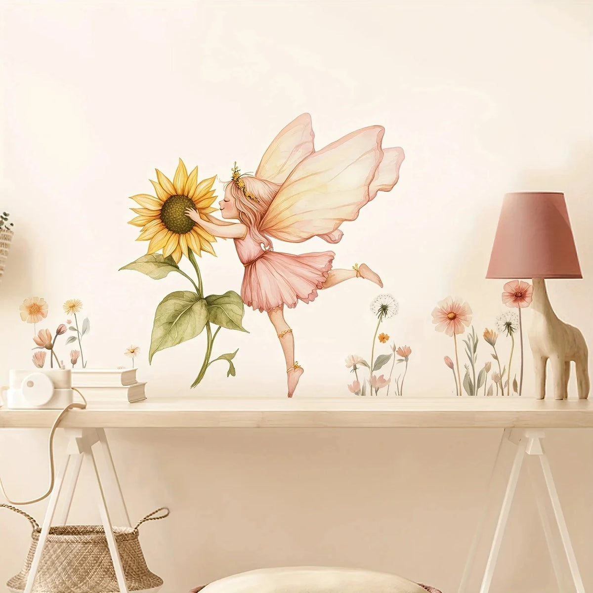 autocollants muraux fée tournesol fleurs sauvages moderne pvc rose beige vert jaune blanc illustratif
