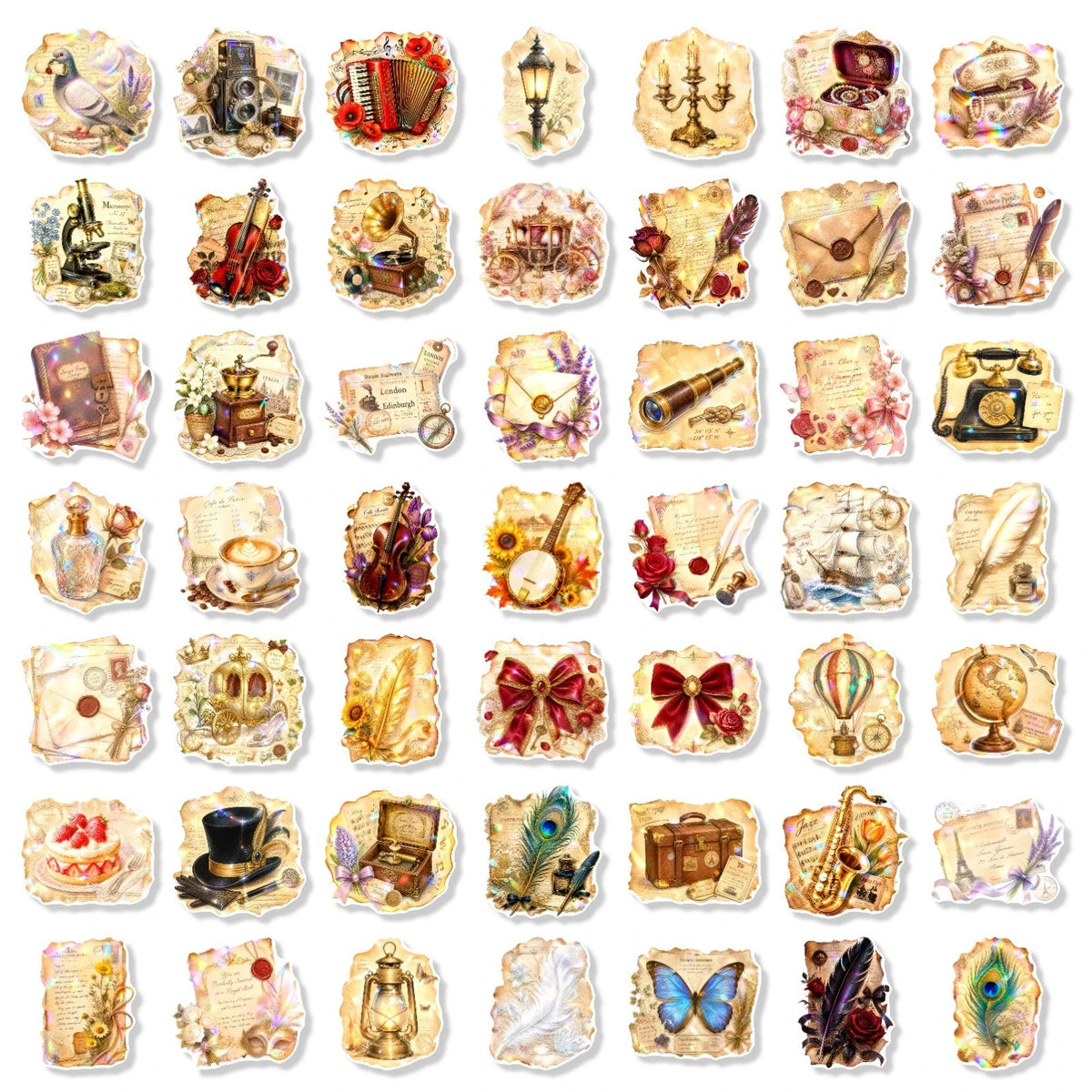 stickers vintage décoratifs motifs anciens lettres instruments musique fleurs irisés adhésifs scrapbooking décoration journaux