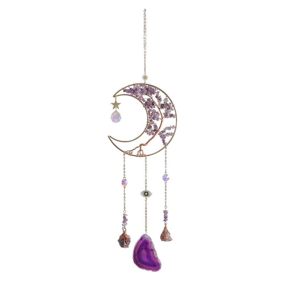 mobile mural décoratif boho lune pierres semi précieuses or violet vert rose blanc doré