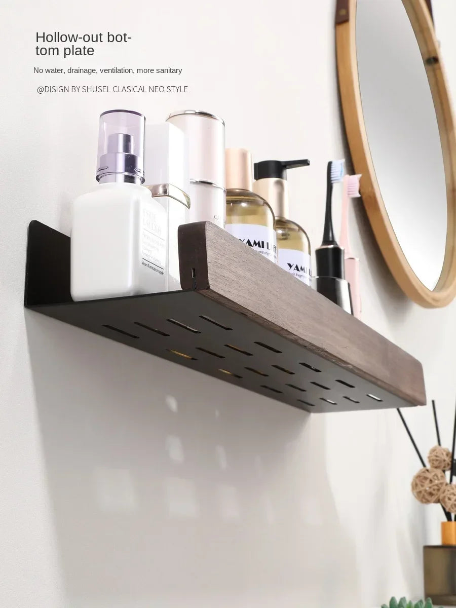 étagère murale bois noir moderne double niveau salle bain fixations vis support rangement