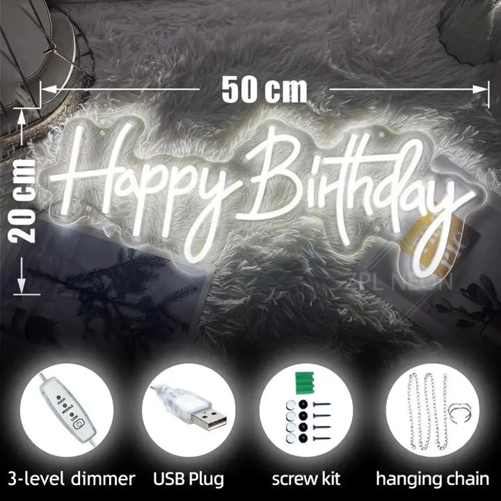 Enseigne LED néon Joyeux Anniversaire éteinte montrant design acrylique