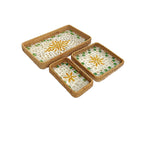 ensemble assiettes décoratives rotin motifs floraux boho rustique beige vert bleu blanc