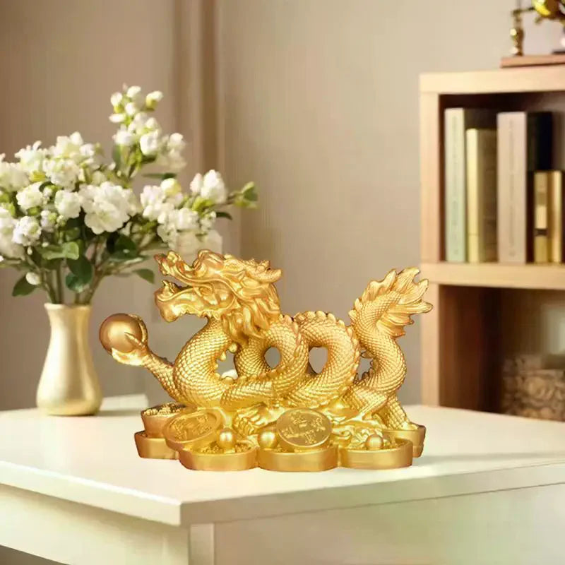statue dragon or détails sculptés artisanat chinois décoration intérieure porte bonheur feng shui élégance