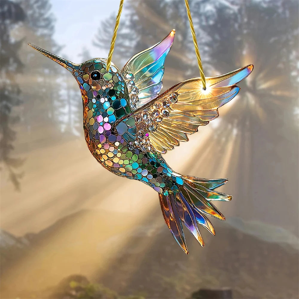 pendentif oiseau multicolore mosaïque artisanale opacité chaîne dorée extérieur maison