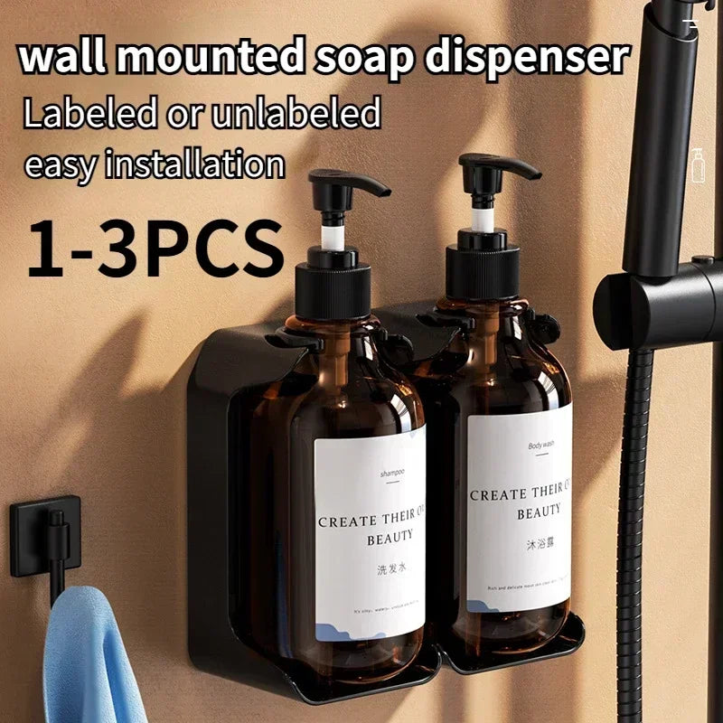distributeur savon mural rechargeable sans poinçonnage moderne transparent noir étiquette blanche main shampoing gel