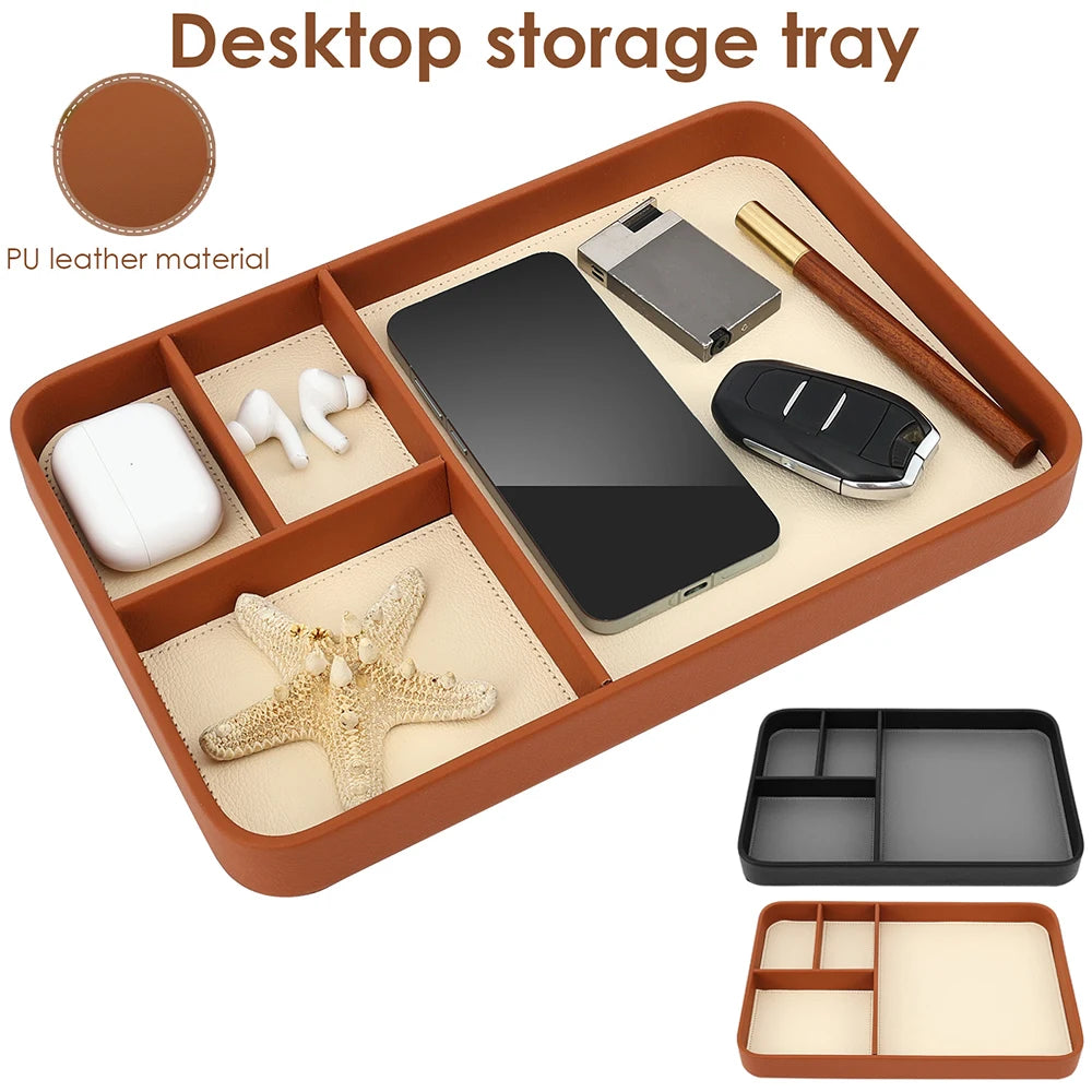 plateau rangement moderne marron simili cuir quatre compartiments smartphone écouteurs clés porte monnaie stylo