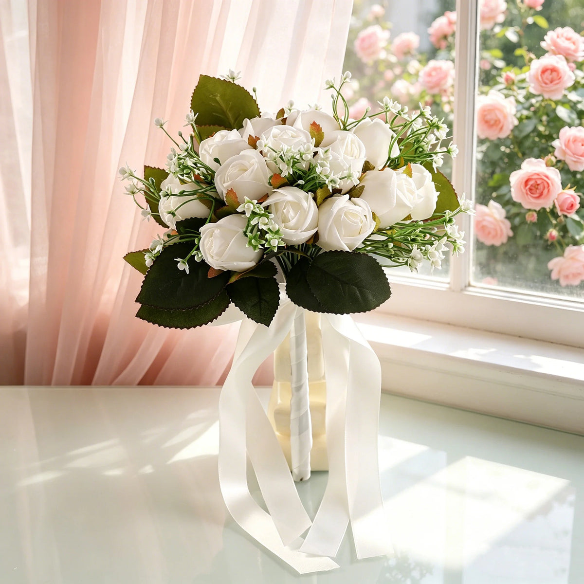 bouquet fleurs artificielles vase transparent romantique mariage blanc rose verte